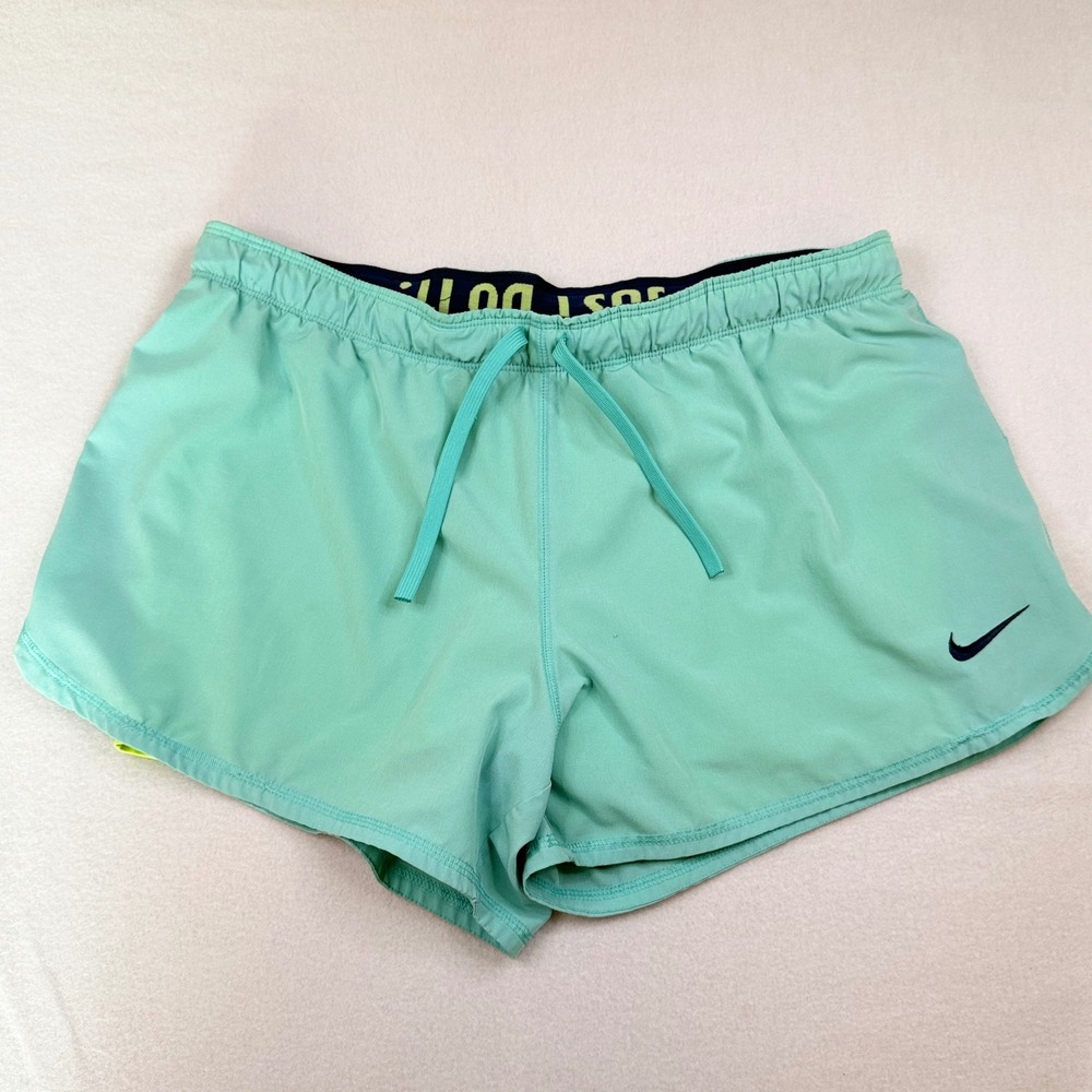 Nike Dri-FIT Women Running Shorts Mint Green Neon Yellow Liner Size L 585323-344